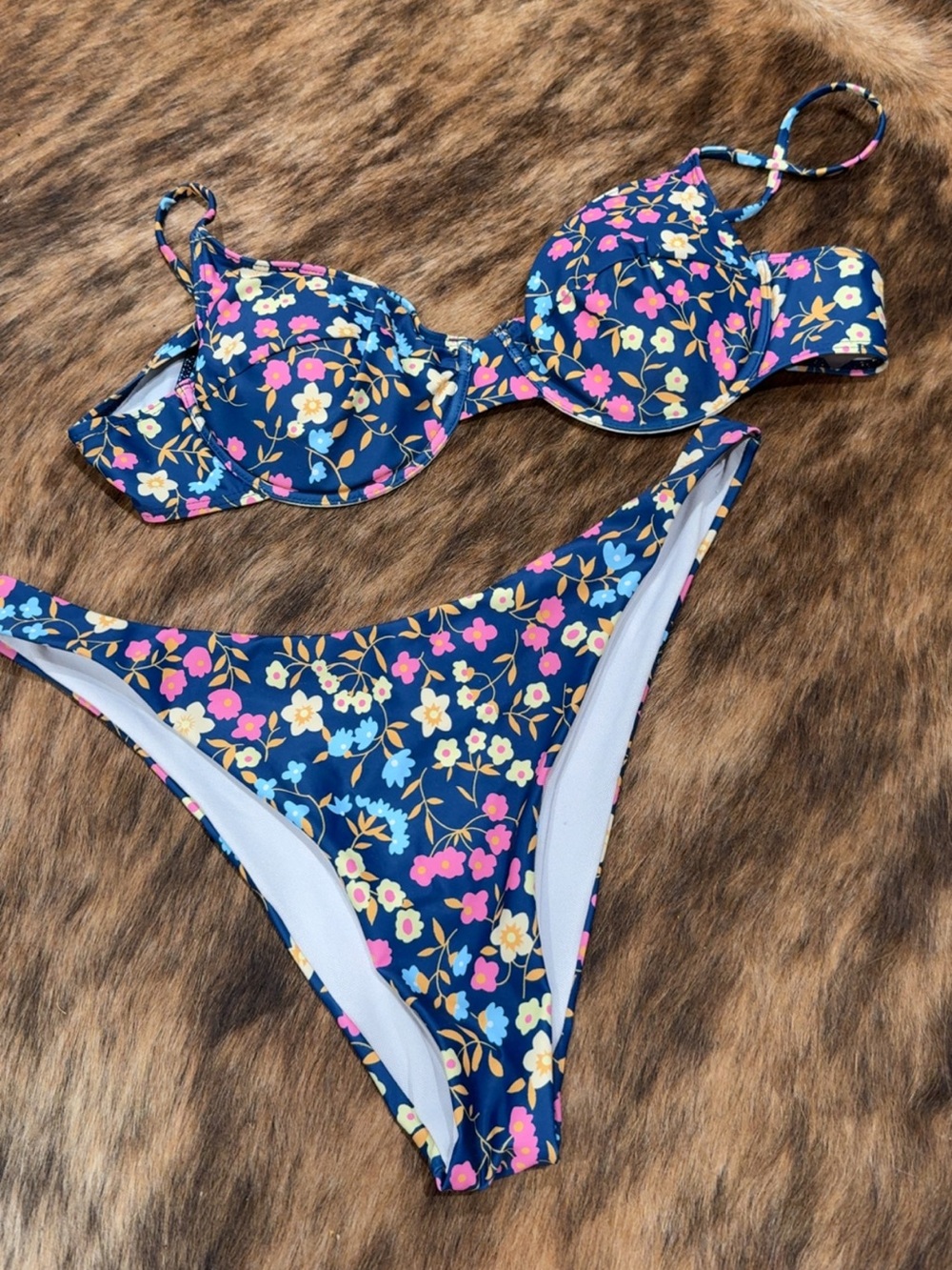 Navy Floral Bikini Set - Pink & Yellow Flowers